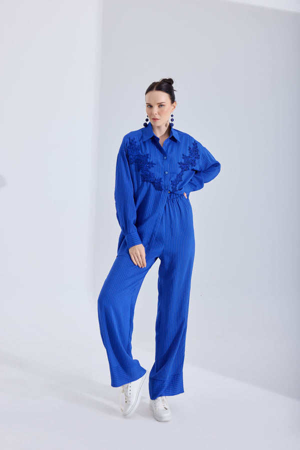 Stone Detailed Blue Cotton Suit