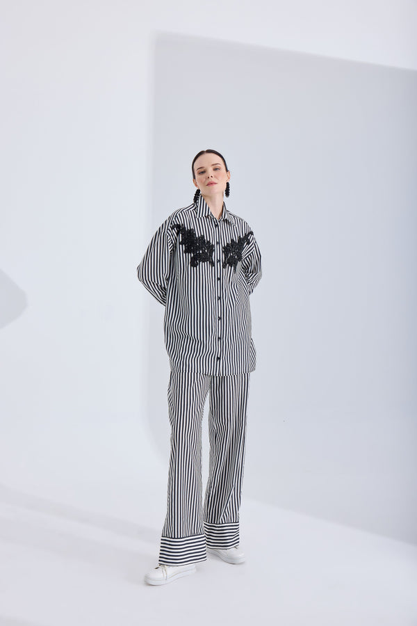 Black Cotton Suit with Stone Detail