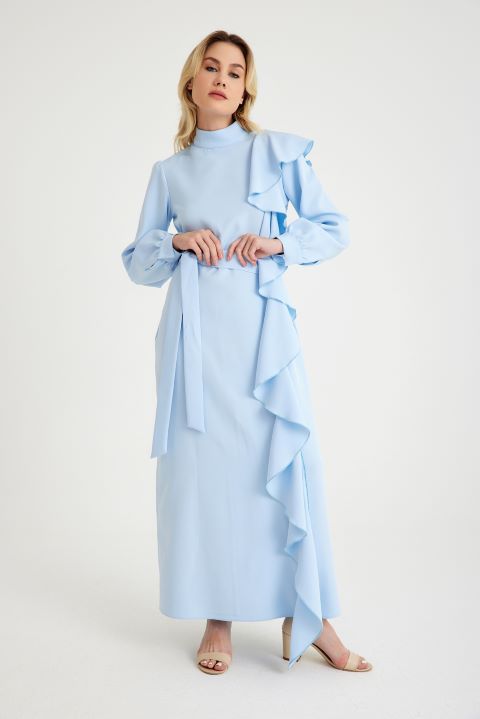 Hera Volan Detaylı Krep Mavi Abiye Elbise 