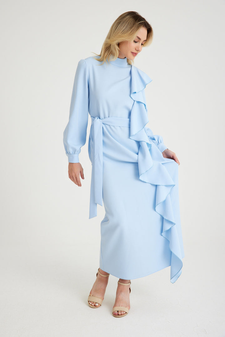 Hera Volan Detaylı Krep Mavi Abiye Elbise Fiyat Ve Modelleri