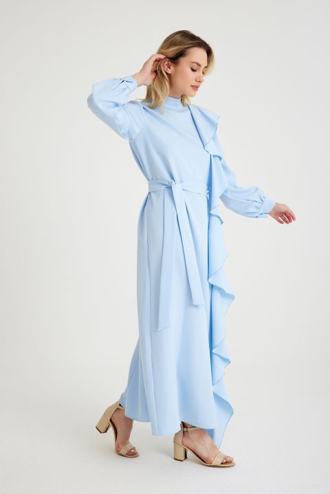 Hera Volan Detaylı Krep Mavi Abiye Elbise