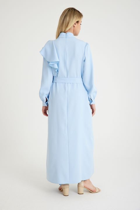 Hera Volan Detaylı Krep Mavi Abiye Elbise Yeni Sezon Modelleri