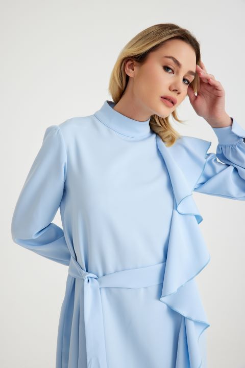 Hera Volan Detaylı Krep Mavi Abiye Elbise Fiyatları