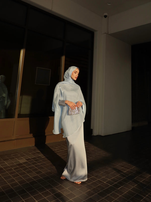 Mia Pelerin Detaylı Abiye Elbise Mavi