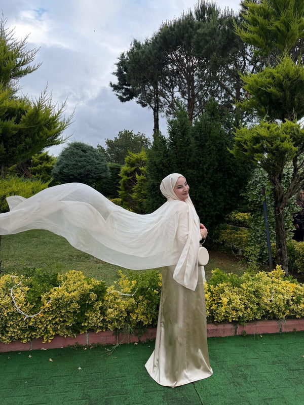 Karla Saten Şifon Detaylı Altın Bej Abiye Elbise