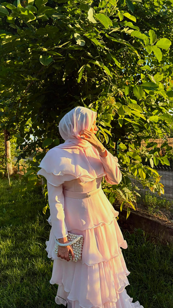 Talia Şifon Pelerin Detaylı Elbise Pembe
